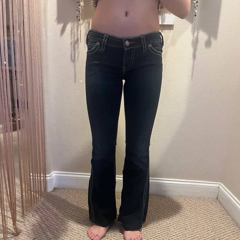 low rise y2k flare jeans with white detailing
